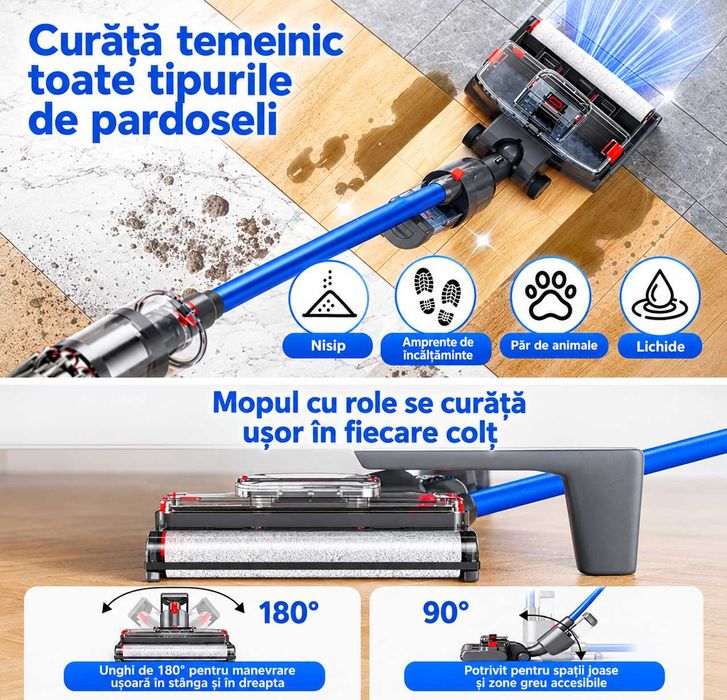 Accesoriu 2-în-1 Aspirare și Spălare pentru Dyson V7/V8/V10/V11/V15 – Mop electric cu rezervoare pentru apă curată și murdară