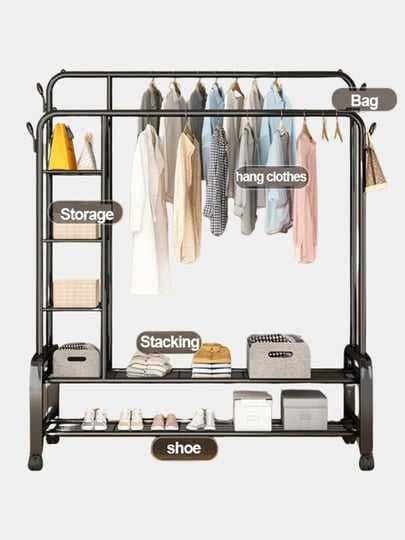 Металлическая вешалка для одежды с полкой на нижней двойной полке