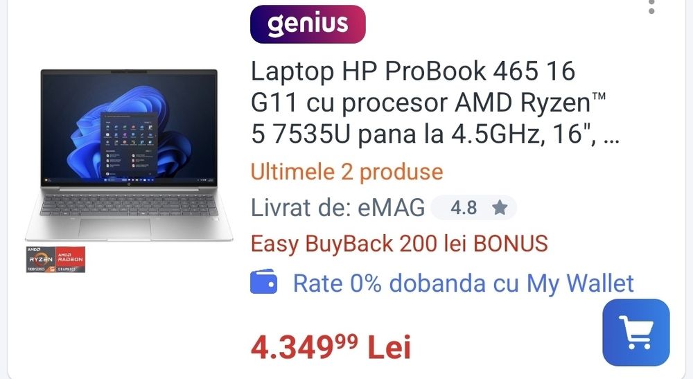 Laptop HP ProBook 465 16 G11 nou garantie 2 ani Emag