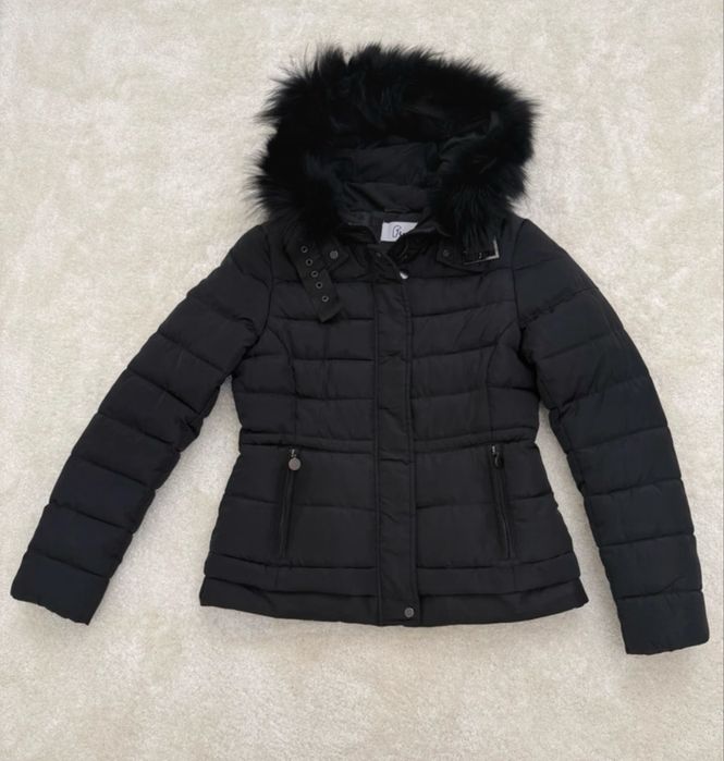 Geaca dama puffer - gluga si blana neagra, S