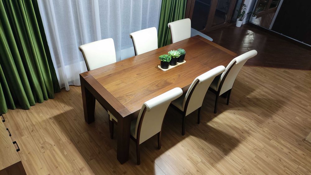 Masa extensibila Lems Legano Wenge cu scaune din piele ecologica 140-200 x 90 x 78 cm pentru sufragerie - living - stare foarte buna