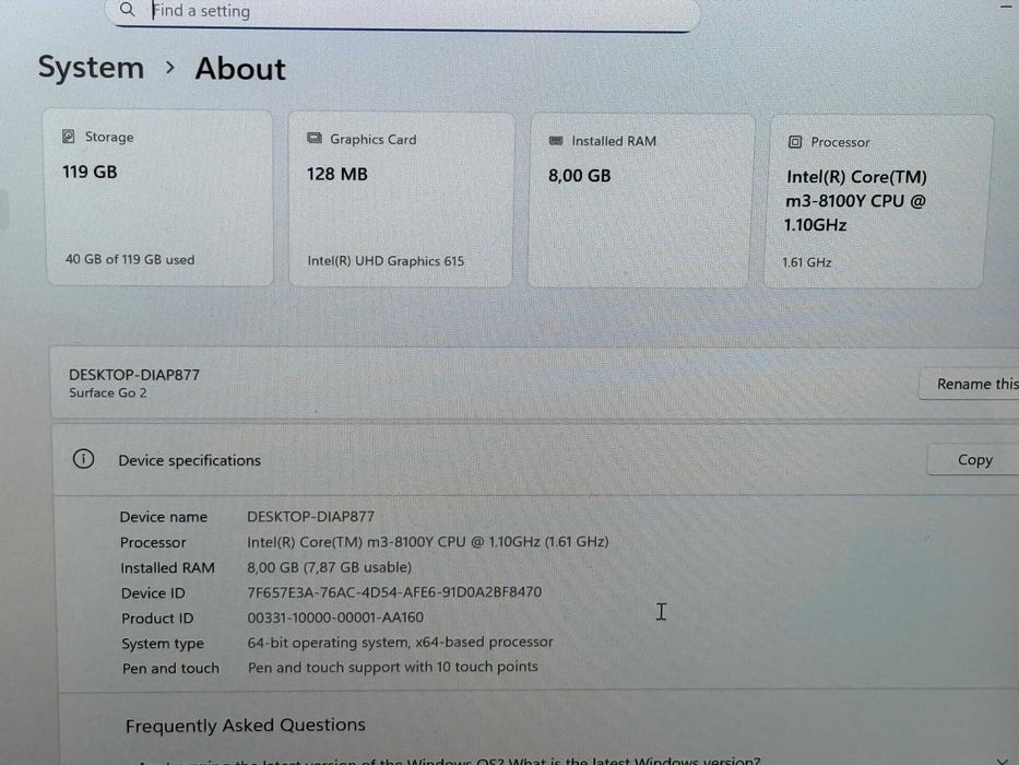 Microsoft Surface Go 2 m3-8100Y/8RAM/128SSD/Intel HD/Full HD+ Touch