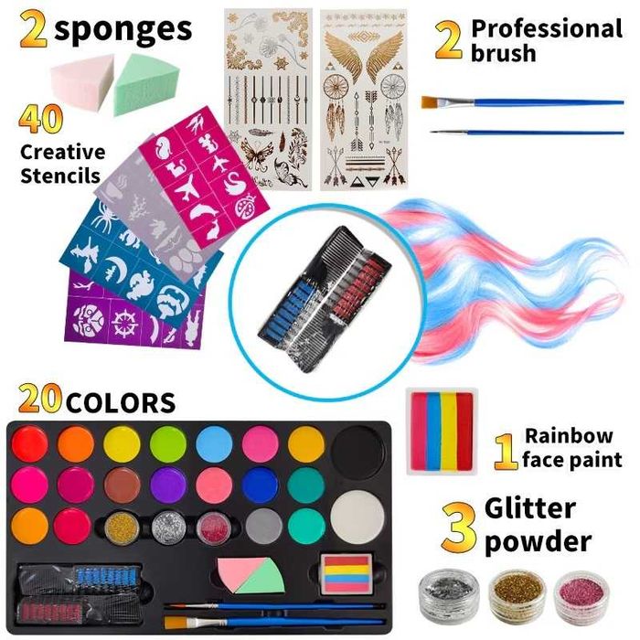 Set profesional pentru pictura pe fata si corp 20 culori non-toxic