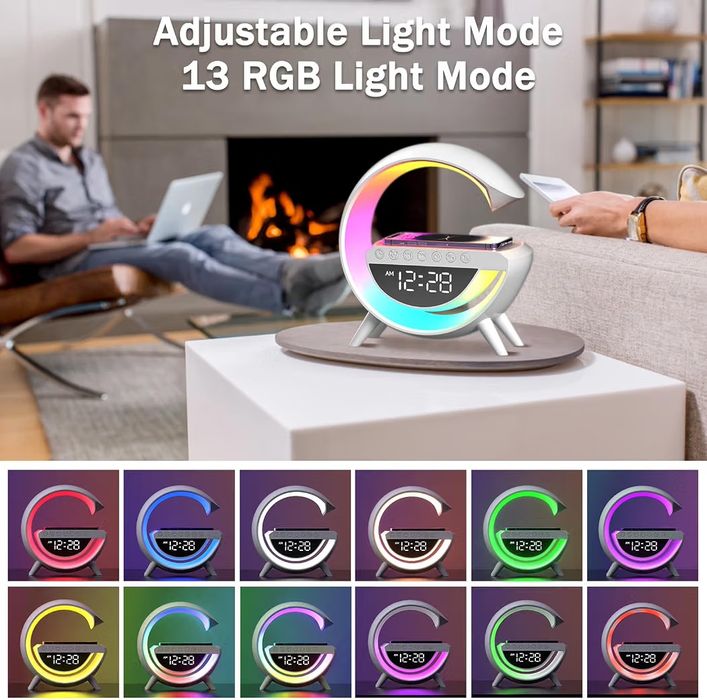 Atmosphere Lamp with Wireless Charger, 15W Led Alarm Clock Dimmable Ambient Light Smart Table Lamp with Bluetooth Speaker