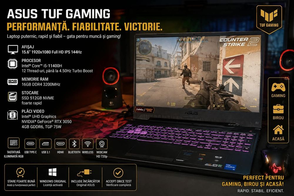 Laptop Gaming Ultra 2026 Asus Tuf i5 11400H 16GB RAM SSD 512GB Placa Video Nvidia RTX 3050 4GB DDR6!