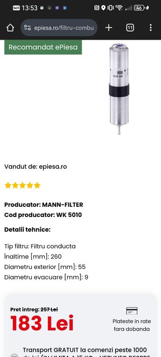 Filtru motorina Mann  Bmw