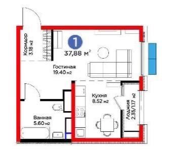 Квартира Ж/К Botanika Saroy 1/13/16 37,88 кв.м