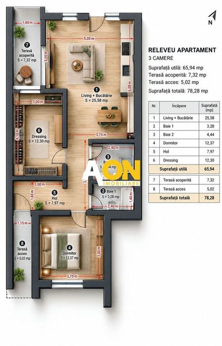 Apartament 3 camere premium, 65 mp utili, terasa, parcare, Cetate