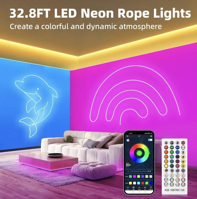 LED неонова въжена светлина 32.8 фута RGB неонови ленти, управление.