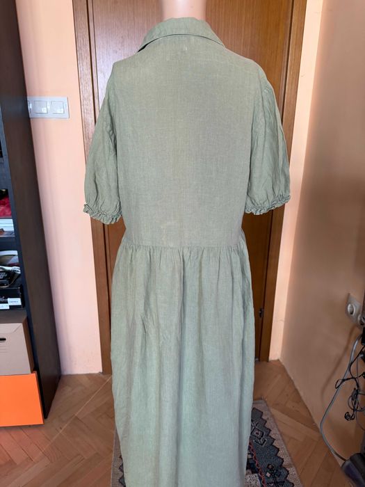 Ленена рокля в маслинено зелен цвят Zara, размер M/L