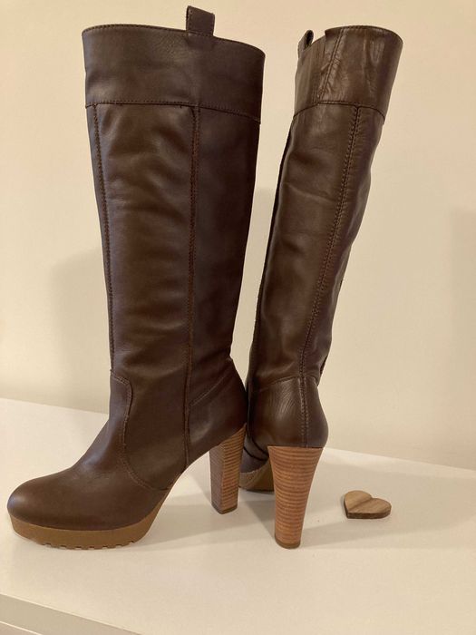 Cizme de piele naturală, înalte,  maro, 37, purtate o singura dată