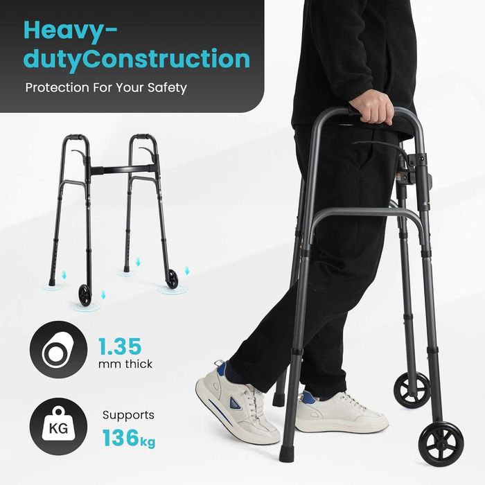 НОВА! Лека сгъваема проходилка с колелца, регулируема и тригер функция