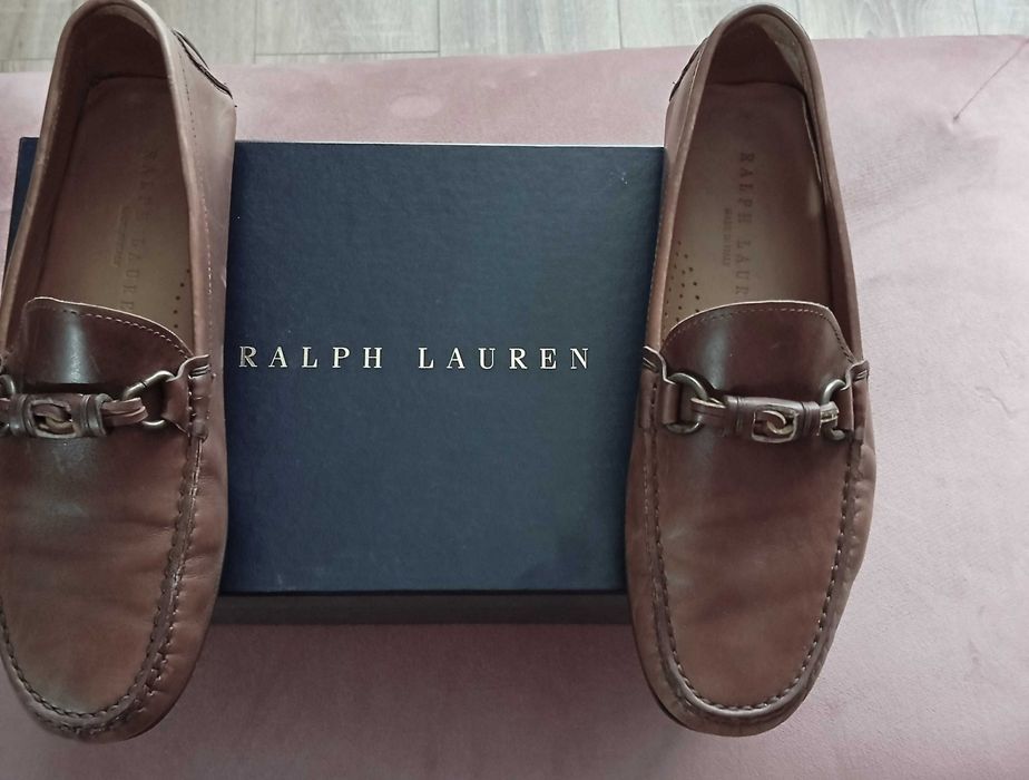 Ralph Lauren Mocasini barbati, din piele de vițel maro cu aspect cerat, nr. 42