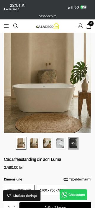 Cadă freestanding Luma 160 cm – NOUĂ, doar montată