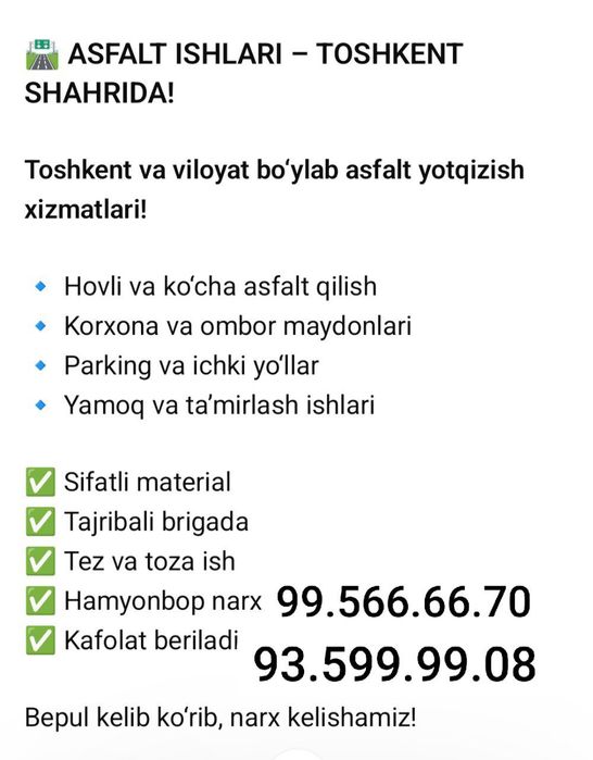 Asfvalt yotqizish tez va sifatli Асфалт хизматлари