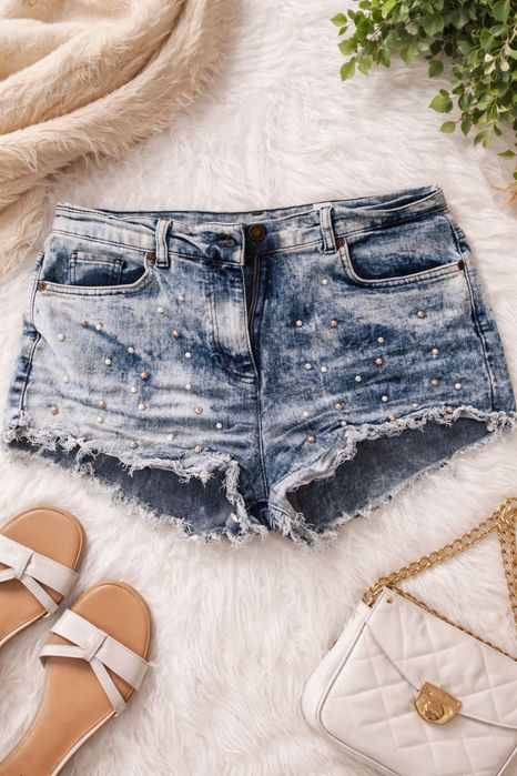 Дънкови къси панталонки с ефект ‘’acid wash’’ и декорации