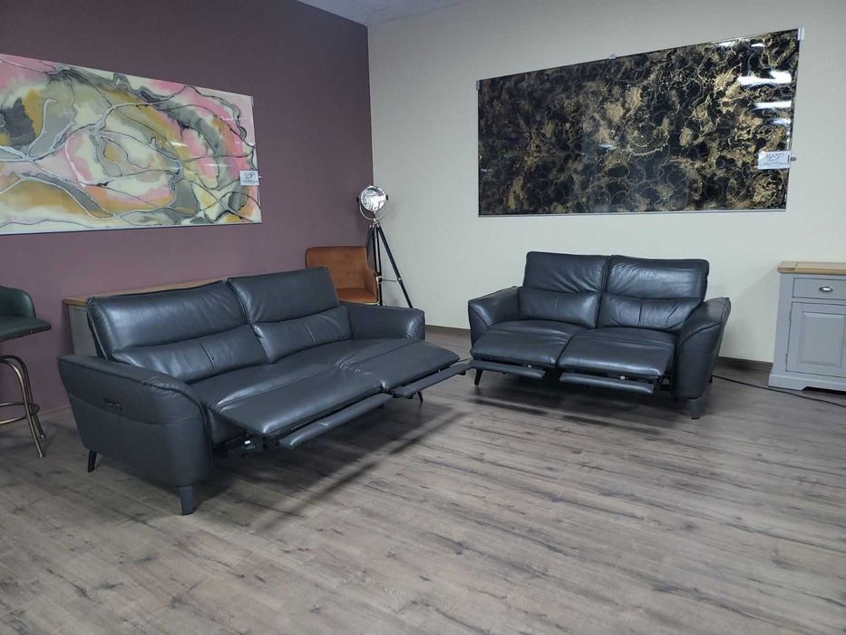 Сив кожен комплект дивани тройка и двойка с ел. релакс механизъм