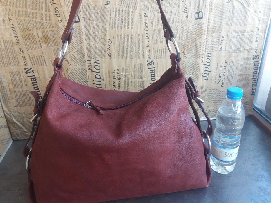 дамска червена чанта,Patterson керемидена,торба-естествена кожа,велур