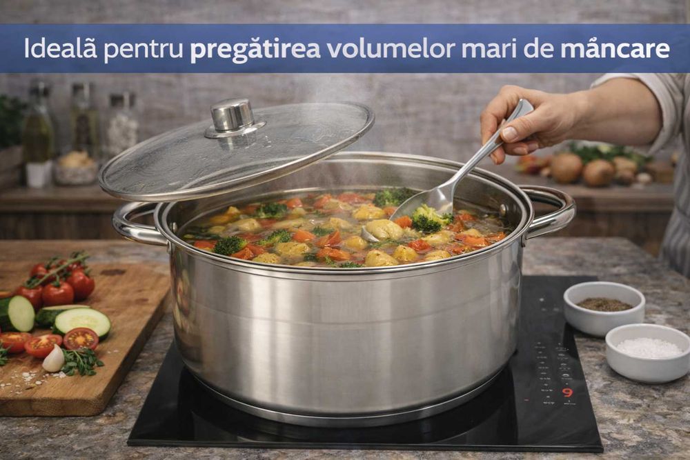 Oala inox 22 litri capac mare pentru gatit supe ciorbe tocana