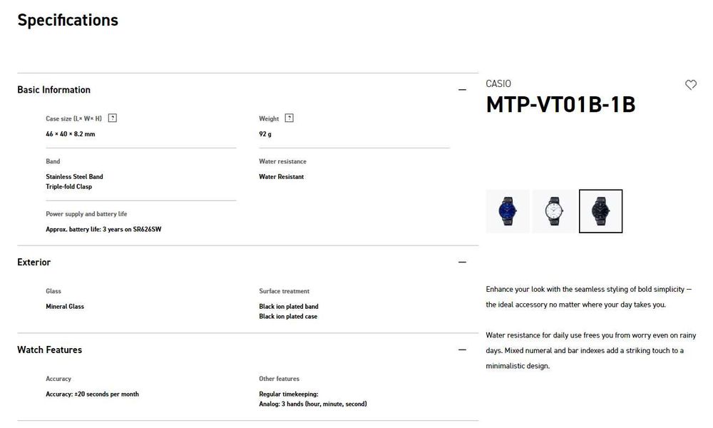 Мужские наручные часы Casio MTP-VT01B-1B