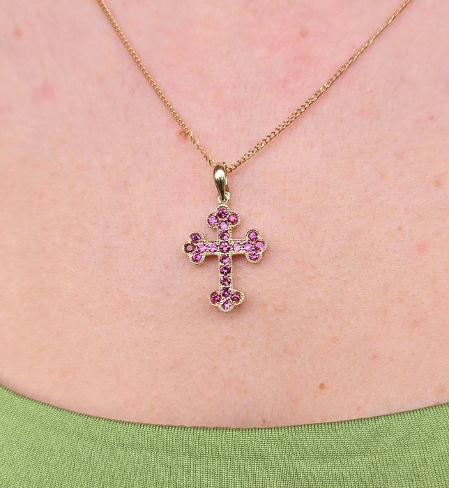 Cruce din aur galben 14k cu safire roz naturale