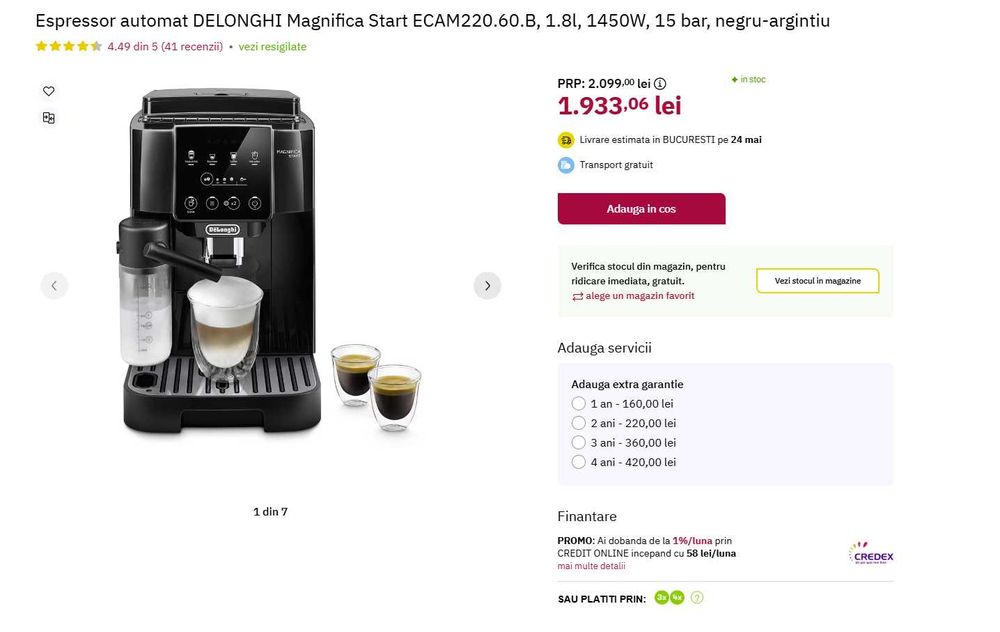 Espressor automat DELONGHI Magnifica Start, 15 bar, garanție