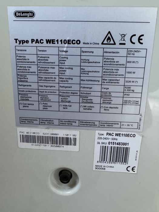 Aparat aer conditionat portabil Delonghi PAC WE110ECO, 11000 BTU, putin folosit, stare foarte buna