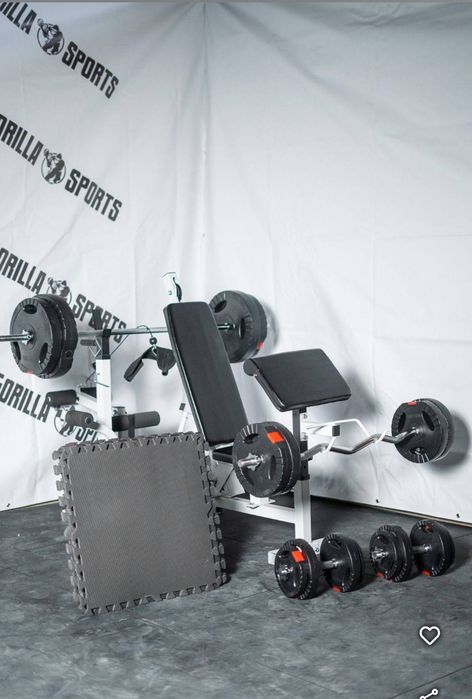 Bancă multifuncțională fitness plus bară plus greutăți plus gantere, stare ca nou!