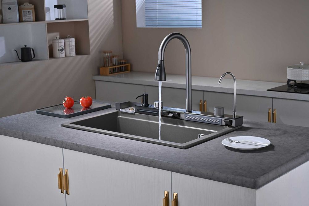 Сива гранитна мултифункционална кухненска мивка с двоен водопад