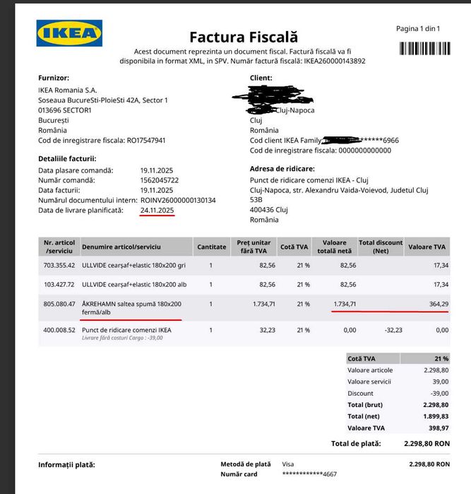 Saltea aproape noua, de spuma, Ikea AKREHAMN, 180x200, ferma