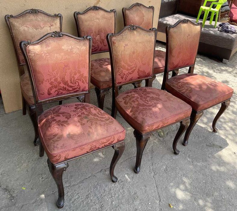6 Buc Scaun Vintage cu ornamente sculptate; Scaun tapitat
