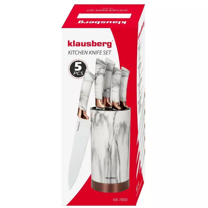 Set cutite din inox cu suport, 6 elemente, alb cu model maro, Kinghoff