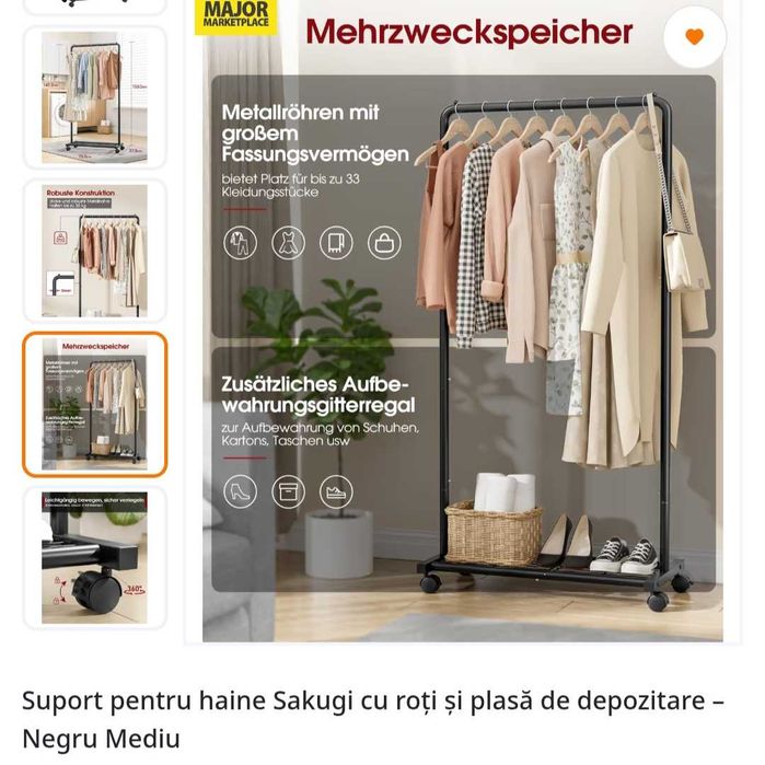 Suport pentru haine Sakugi cu roți și suport de depozitare
