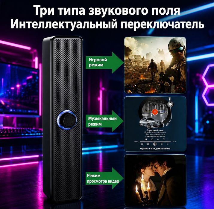 Компактный Soundbar 2.0 для ПК, ноутбука и ТВ | USB + AUX | 5 Вт