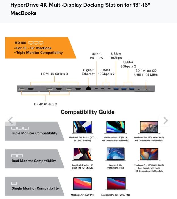 HyperDrive 4K Ｍulti-Display Docking Station for 13"-16" MacBooks