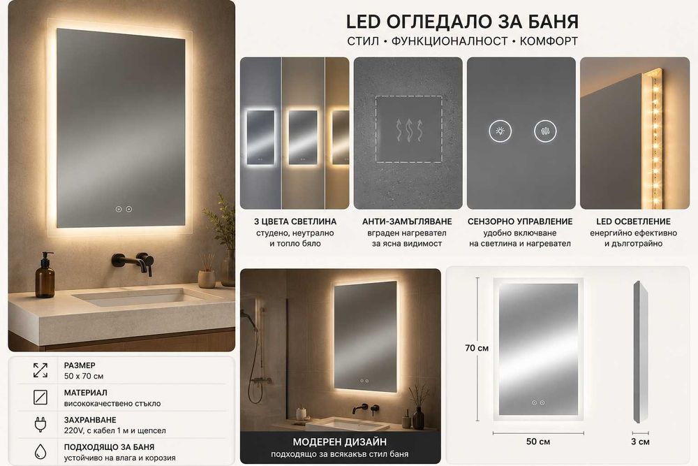 Стенно oгледало за баня, LED светлини, Нагревател, 50x70 cм