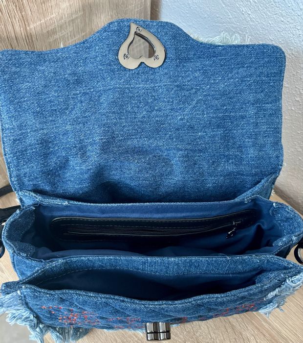 Geanta femei Desigual originala , denim cu franjuri si broderie