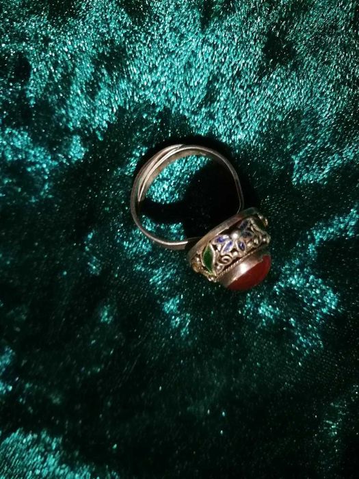 inel vintage china, argint, carneol, email