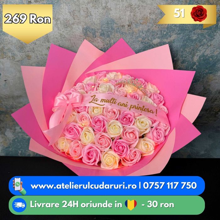 Buchete trandafiri din sapun personalizate + cu sclipici