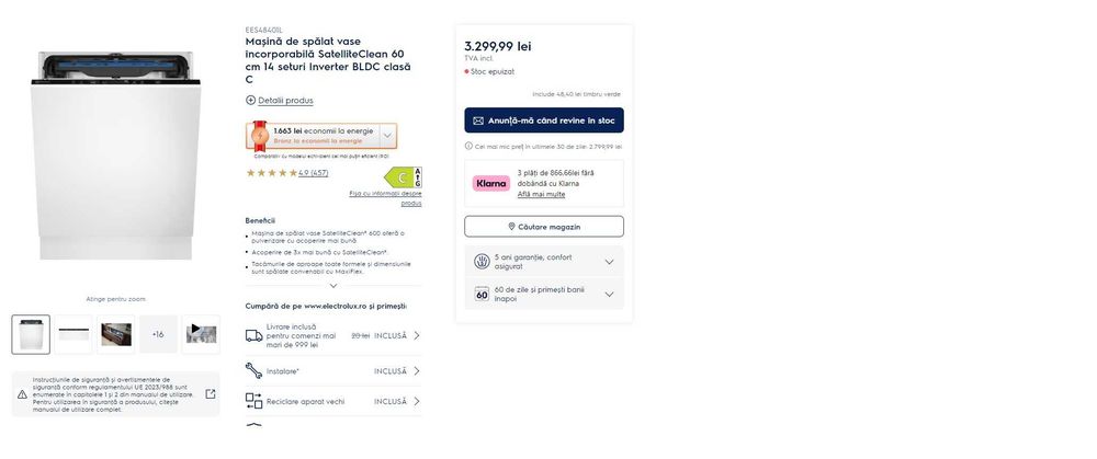 Masina de spalat vase incorporabila Electrolux EES48401L, 14 seturi, 8 programe, Clasa C, Panou de control Quickselect, AirDry, 60 cm
