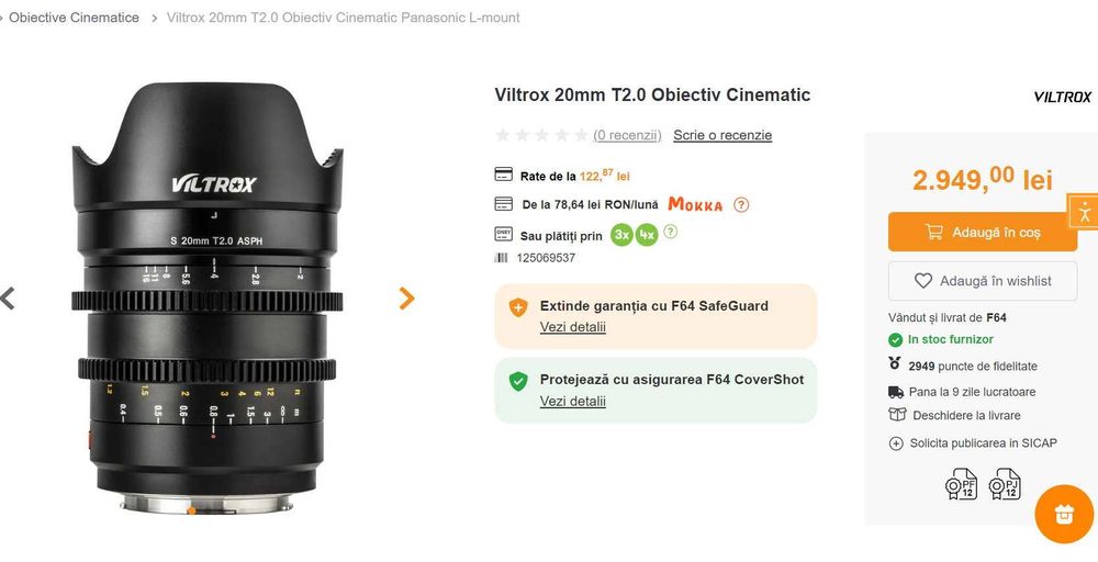 Obiectiv 20mm T 2.0 VILTROX Asph Cinematic Sony E CIne Lens