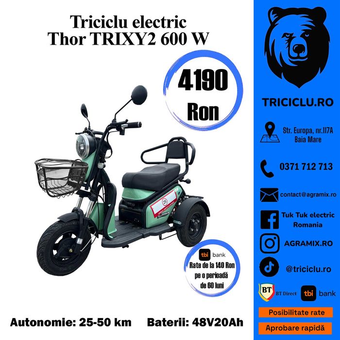 Tricicleta electrica fara permis tuk tuk electric Thor Trixy 2 Agramix