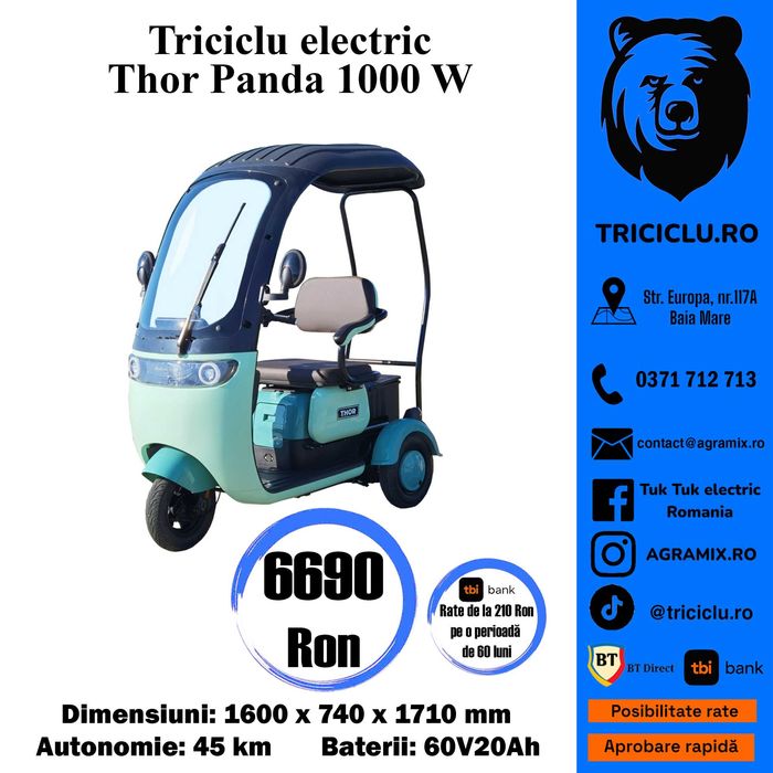 Triciclu electric THOR PANDA 1000W nou Agramix