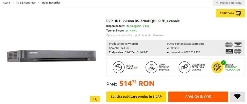 DVR HD Hikvision DS-7204HQHI-K1 TurboHD 4 canale 3MP