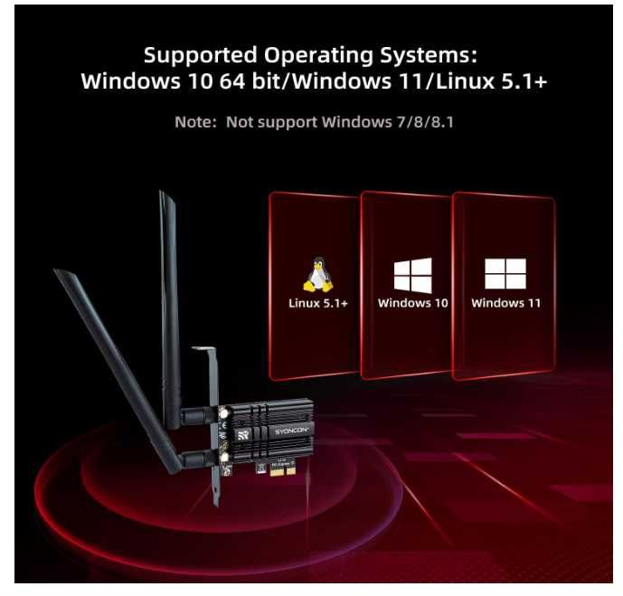 Placa Retea Wi-Fi 6E + Bluetooth 5.3 PCIe Syoncon AX210 (Intel AX210NGW, 5374 Mbps, 6dBi, WPA3)
