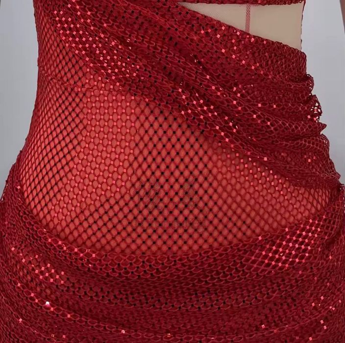 Rochie de nașă lungă roșie din plasă luxury - nouă