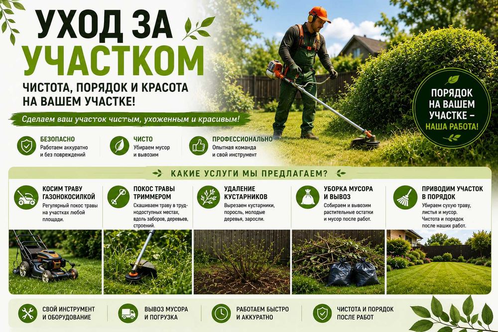 Покос травы триммером, обработка гербицидами