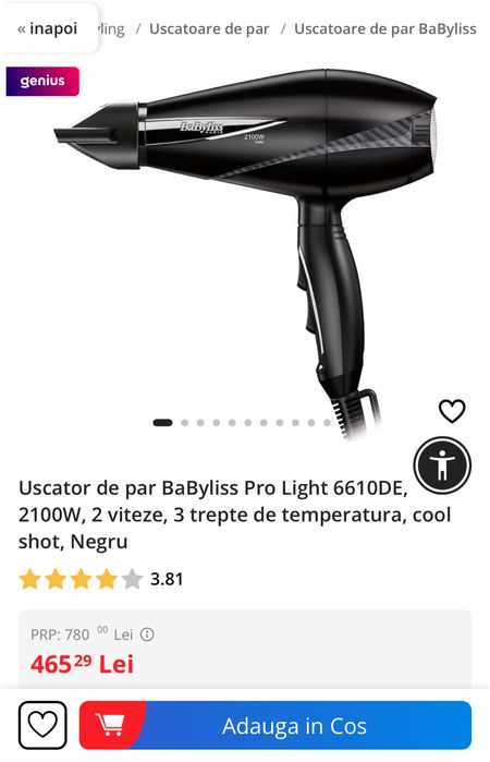 Uscator de par Babyliss 6610DE Le Pro Light Ionic, 2100 W, 3 trepte,m