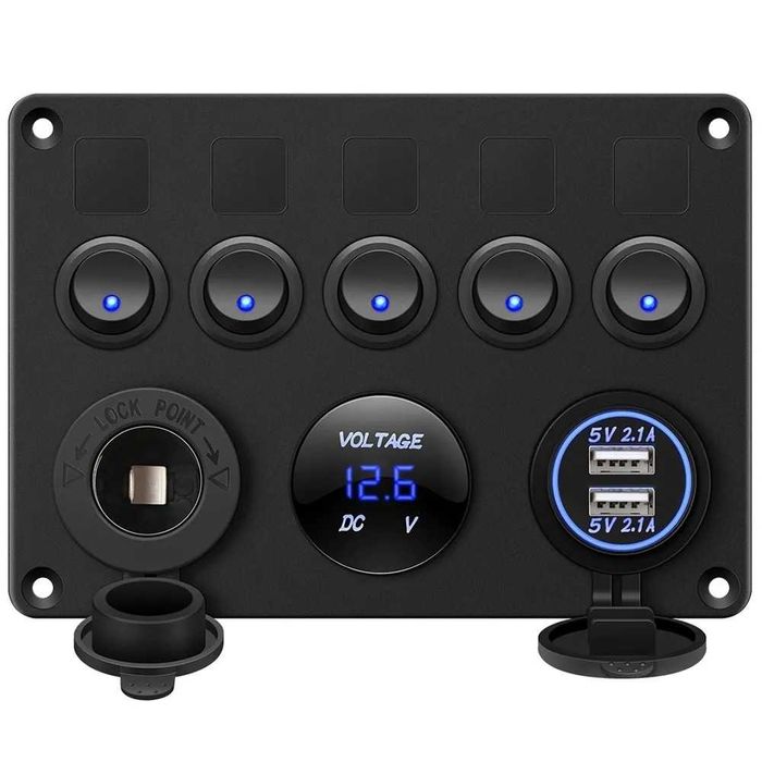 Панел за вграждане с 5 бутона, USB, 12V и волтметър