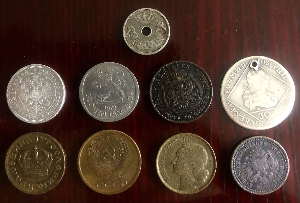 антични монети 5 ст.1881 г, 30 кройц.1768 г, 25 коп.1877 и други.
